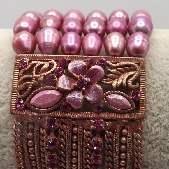 Pink Faux Pearl Floral Rhinestone Bracelet, Six Rows Glass Pearls, 7 Inches - Picture 2 of 14